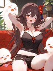 absurd_res ai_generated arm_up armpits bare_shoulders blush breasts brown_hair camisole cleavage couch covering_nipples female genshin_impact hu_tao_(genshin_impact) indoors long_hair looking_at_viewer medium_breasts ministro oerba_yun_fang one_eye_closed open_mouth pillow plant potted_plant red_eyes short_shorts shorts sitting solo strap_slip sweat symbol-shaped_pupils tank_top thighs very_long_hair waking_up yawning