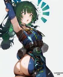 ai_generated female green_hair minokai qingyi_(zenless_zone_zero) solo streching surprised twintails zenless_zone_zero