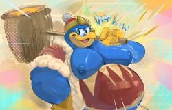 avian big_breasts bird bodily_fluids breasts debudraws dialogue furrowed_eyebrows glistening glistening_body hammer hi_res king_dedede kirby_(series) laugh looking_at_viewer male nintendo overweight overweight_male smile solo sweat tools