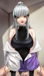 1boy bare_shoulders black_gloves blush breasts clothed_sex clothes_pull clothing_aside cowgirl_position cowgirl_position cross female girls'_frontline girls'_frontline_2:_exilium gloves grabbing_another's_thighs green_eyes hair_ornament hairclip half-closed_eyes highres hk416_(girls'_frontline) indoors iron_cross jacket jacket_pull kirukatsu klukai_(girls'_frontline_2) large_breasts long_hair off_shoulder open_mouth penis ponytail pov pussy pussy_juice solo_focus straddling straight vaginal_penetration very_long_hair white_hair