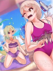 2girls alternate_costume alternate_hairstyle attack beach bikini blonde_hair female female_only fire_emblem fire_emblem_awakening fire_emblem_engage framme_(fire_emblem) green_hair keldancon medium_breasts multiple_girls nintendo nowi_(fire_emblem) one-piece_swimsuit outdoors pink_one-piece_swimsuit pink_swimsuit purple_bikini purple_eyes purple_swimsuit small_breasts swimsuit towel water_pistol wet_hair yellow_eyes