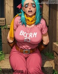 ai-created ai_generated aqua_hair arms_behind_back artist_name bangs belt belt_buckle blue_eyes blue_hair blush breasts brown_belt brown_gloves buckle bulma_briefs cleavage clothing crying crying_with_eyes_open day dragon_ball dragon_ball_(classic) dragon_ball_super dragon_ball_z english_language english_text female female female_only gloves hair_ornament hair_ribbon indoors jousneystudio large_breasts long_hair looking_at_viewer lora open_mouth outdoors pants patreon_username pink_shirt ribbon scarf shirt short_sleeves sitting solo speech_bubble tears teeth text thighs tied_hair tree