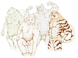 anthro armpits balls biceps body_hair bulge chest_hair claws clothing feline fur genital_piercing khajiit looking_at_viewer male male_only mammal mostly_nude muscular muscular_male pecs penis penis_piercing piercing pockyrumz saber-toothed_cat simple_background the_elder_scrolls tiger underwear video_games