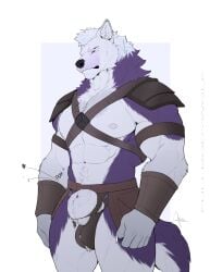 abs animal_genitalia anthro balls biceps canid canine fullbodywolf fully_sheathed fur genitals hi_res male mammal multicolored_body muscular muscular_anthro muscular_male navel nipples onomatopoeia sheath simple_background solo sound_effects standing text two_tone_body