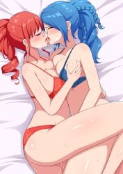 2girls aikome_(haikome) bra braid braided_ponytail breast_press breasts closed_eyes curvy earrings face-to-face fingering fingering_through_clothes fingering_through_panties french_kiss from_side glasses grabbing_another&#039;s_breast grin groping heavy_breathing highres hug jewelry kissing lace lace-trimmed_bra lace-trimmed_panties lace_trim large_breasts lingerie looking_at_another multiple_girls original panties ponytail purple_bra purple_hair purple_panties pussy_juice red_bra red_hair red_panties saliva saliva_trail smile thick_thighs thighs through_clothes tongue tongue_out torso_grab underwear yuri