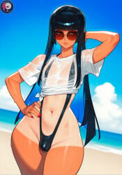 1boy 1femboy 2026 2d_(artwork) ai_generated beach black_hair bulge bulge_through_clothing crossdressing femboy femboy_only girly long_hair male male_only one-piece_swimsuit ramwam shirt solo solo_femboy solo_focus solo_male sunglasses swimsuit tanline translucent_clothing trap