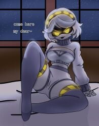 1girls boobs breasts female female_focus female_only grey_hair inviting_to_sex murder_drones robot robot_girl robot_humanoid sexy_female sexy_pose solo solo_female solo_focus thick_thighs thighs v_(murder_drones) yellow_eyes