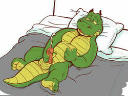 1boy anthro balls bed circumcised crocodile crocodilian cum cumshot ejaculation flat_colors krunchycroc lying male male_only masturbation nude on_back on_bed open_mouth orgasm orgasm_face pecs penile_masturbation penis pillow reptile scalie signature solo vein veiny_penis