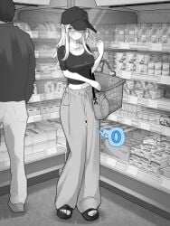 2025 bag bent_back blush breasts collarbone commentary commentary_request crop_top crying dropped_object female female_orgasm full_body greyscale groceries grocery_store hat highres holding implied_vibrator indoors jewelry kakuremino7928 large_breasts long_hair monochrome navel necklace open_toe_shoes orgasm original pants platform_footwear platform_heels public_indecency pussy_juice_stain remote_control_vibrator sandals sex_toy shirt shopping shopping_basket short_sleeves shoulder_bag solo spoken_blush spoken_squiggle spread_legs squiggle standing supermarket sweatpants toes trembling variant_set vibrator