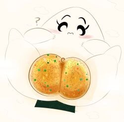 animate_inanimate black_eyes blush clitoris eyelashes female food food_creature genitals hi_res nude onigiri ota_(artist) pafu_(exed_eyes) plump_labia rice simple_eyes spread_legs spreading vulva white_body