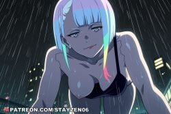 1girl ai ai_art ai_generated all_fours bare_shoulders black_tank_top blue_eyes blue_hair breast_slip breasts building city closed_mouth collarbone cyberpunk cyborg eyeliner fairy_tail from_below hanging_breasts looking_at_viewer lucy_(cyberpunk) lucy_heartfilia makeup medium_breasts multicolored_hair night night_sky nipples one_breast_out outdoors rain red_eyeliner short_hair sky smile solo tank_top wet white_hair