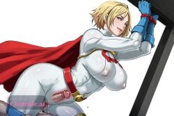 1girl ai_assisted ai_generated bangs belt blonde_hair blue_eyes blue_gloves bodysuit bouncing_tits choker clenched_hand clenched_hands covered_navel cowboy_shot cowgirl_position creampie depth_of_field from_side hands_above_head impossible_clothes lipstick looking_at_viewer nude power_girl red_cape sex sidelocks simple_background sketch skin_tight smile solo standing superhero thigh_straps thighs tiara turtleneck volumetric_lighting voluptuous white_background
