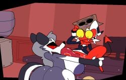 animated anthro ass big_ass big_breasts big_penis blowjob breasts commission cum cum_in_mouth cum_inside cum_leaking_out_of_mouth deepthroat demon disguise drinking_cum hellhound loona_(helluva_boss) moxxie_(helluva_boss) nude oral penis size_difference superiorfox wolf