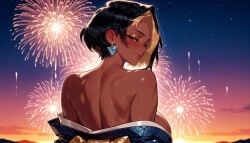 1girl 1girls aerial_fireworks ai_generated back balecxi bare_back bare_shoulders black_hair blonde_hair blue_kimono blush borrowed_character breasts brown_eyes clothing colored_inner_hair curvaceous curvaceous_female curvaceous_figure curvy curvy_figure dark-skinned_female dark_skin domina earrings female female_focus fireworks from_behind heart_earrings japanese_clothes jewelry kimono large_breasts looking_at_viewer looking_back median_furrow multicolored_hair night night_sky off_shoulder outdoors overwatch overwatch_2 robe short_hair shoulder_blades sideboob sky solo sunset traditional_clothes two-tone_hair upper_body vaira_singhania very_dark_skin voluptuous voluptuous_female wafuku