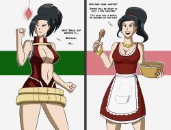 absurdres apron before_and_after big_breasts black_eyes black_hair breasts cleavage crystal domestication dress earrings english_text female_only femsub happy_trance housewife hypnosis hypnotized jewelry large_breasts momo_yaoyorozu my_hero_academia necklace pendulum polmanning stepfordization text
