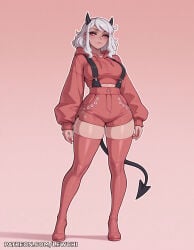 1girl 1girls ai_generated blush boobs breasts camel_toe cameltoe cleavage clothed clothed_female curvy female female_focus female_only focus fringe fully_clothed helltaker horn horns large_breasts lewchi modeus_(helltaker) nipples nipples_covered nipples_visible_through_clothing pussy red_eyes sfw sidelocks solo solo_female solo_focus sweat teeth tight_clothes tight_clothing uncensored white_hair