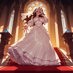 1girl 1girls ai_generated balecxi bare_shoulders breasts bridal_gauntlets bridal_veil bride brown_hair choker church cleavage clothing curvaceous curvaceous_female curvaceous_figure curvy curvy_figure detached_sleeves dress female female_focus frills full_body headdress indoors inviting inviting_to_sex jewelry large_breasts lips long_dress long_hair looking_at_viewer marvel marvel_cinematic_universe marvel_comics marvel_rivals multicolored_hair outstretched_hand potion presenting presenting_breasts puffy_sleeves reaching reaching_towards_viewer red_carpet red_eyes ring rogue_(marvel_rivals) rogue_(x-men) seductive seductive_look seductive_smile smile solo stained_glass stairs standing streaked_hair sunlight two-tone_hair veil voluptuous voluptuous_female wavy_hair wedding_dress white_dress white_hair white_sleeves window x-men