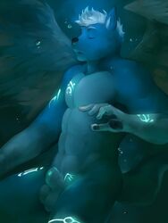 1boy abs animal_genitalia anthro balls bear bioluminescence blue_fur fully_sheathed fur glowing hair male male_only mammal partially_submerged sheath sleeping solo steelfire tattoo vu06 water wings