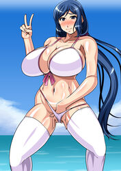 1girls abs bare_arms bikini blue_eyes blue_hair blush breasts cleavage female female_only gundam gundam_build_fighters highres huge_breasts human iori_rinko legs long_hair looking_at_viewer masturbation milf myougi_kuraganosuke navel ocean outdoors ponytail sky smile solo standing swimsuit thighhighs thighs thong tied_hair v water white_bikini