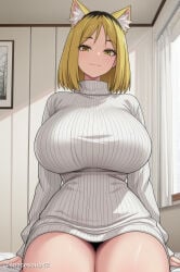 1girl :3 ai_generated animal_ear_fluff animal_ears blonde_hair breasts cat_ears chainsmoker_cat closed_mouth curtains fang huge_breasts indoors long_sleeves looking_at_viewer medium_hair multicolored_hair no_pants ribbed_sweater short_hair sitting smile solo sweater sweater_dress thick_thighs thighs turtleneck turtleneck_sweater two-tone_hair white_sweater window yaku_neko_(yani_neko) yani_neko yellow_eyes