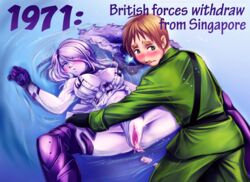 1boy :t after_sex annoyed armor armored_boots arthur_kirkland axis_powers_hetalia black_gloves blue_eyes blush boots brown_hair cum cum_in_pussy embarrassed england_(hetalia) english female flower gloves green_eyes hat hat_flower hat_removed headwear_removed historical_event kantai_collection melisaongmiqin object_namesake oc original_character panties panties_aside pout pun seaport_hime seaport_summer_hime shinkaisei-kan singapore_(hetalia) spread_legs sweatdrop thigh_boots thighhighs too_literal underwear white_hair white_panties