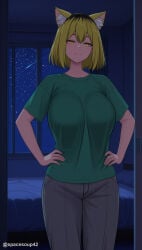 1girl ai_generated animal_ear_fluff animal_ears bedroom blonde_hair breasts chainsmoker_cat closed_mouth fox_ears green_shirt grey_pants hands_on_own_hips huge_breasts indoors large_breasts looking_at_viewer multicolored_hair night night_sky pants shirt shooting_star short_hair short_sleeves sky slit_pupils smile solo standing star_(sky) starry_sky t-shirt window yaku_neko_(yani_neko) yani_neko yellow_eyes