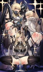 1boy 3girls absurdres after_fellatio animal_ear_fluff animal_ears arknights armor ass aunt_and_niece black_coat black_gloves black_hat black_jacket black_shoes blemishine_(arknights) blonde_hair blue_eyes blush bow breasts cape censored coat commentary_request cum cum_in_mouth cum_on_body cum_on_breasts cum_on_tongue cum_string doctor_(arknights) double_v drooling female_ejaculation female_orgasm finger_in_another's_mouth fur-trimmed_armor fur_trim garrison_cap gauntlets gloves group_sex hair_bow hat heart hetero high_heels highres hood hood_up hooded_coat hooded_jacket horse_ears horse_girl horse_tail jacket large_breasts leg_up long_hair looking_at_viewer male_doctor_(arknights) medium_breasts mosaic_censoring mouth_drool multiple_girls nearl_(arknights) nearl_the_radiant_knight_(arknights) one_eye_closed one_eye_covered open_mouth orgasm peeing penis ponytail pussy_juice shoes siblings simple_background sisters skindentation slit_pupils smile soystar spanked sparkle spread_legs spread_pussy spreading_own_pussy squatting tail tail_pull teeth thick_eyebrows thighhighs tongue tongue_out trembling trembling_legs v whislash_(arknights) white_cape yellow_eyes