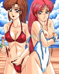 3girls 90s :d bangs beach bikini blush breasts brown_eyes brown_hair cameltoe clouds covered_navel covering covering_nipples d.o. dithering erect_nipples game_cg hoshi_no_suna_monogatari hoshi_no_suna_monogatari_3 long_hair looking_at_viewer multiple_girls navel nipples one-piece_swimsuit open_mouth red_bikini red_eyes sea shima_(d.o.) sky striped swimsuit tied_hair twintails wavy_mouth white_swimsuit