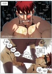 2boys abs blindfold blindfolded blindfolded_male chin_grab crying crying_with_eyes_open dabi endeavor_(my_hero_academia) english_text enji_todoroki erect_penis facial_hair father_and_son forced_incest gay hairy hairy_male male_only muscular_male my_hero_academia pee_stain penis_piercing pierced_genitals piercing prince_albert_piercing rape raped_male scars soynutts stitches tears touya_todoroki watersports yaoi