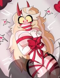 2026 belly blush blushing boobs breasts charlie_morningstar_(hazbin_hotel) demon demon_girl demon_horns demon_tail female female_only hazbin_hotel hearts hellaverse horns long_hair red_eyes tagme tail the_titan_draw tied_hands tied_up tits very_long_hair white_body