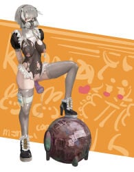 1girl absurdres arms_behind_back black_leotard black_shoes bodystocking breasts commentary_request dildo full_body grey_hair grey_thighhighs high_heels highres huge_dildo large_breasts leotard long_labia looking_at_viewer maid mask nipple_piercing nipple_rings nipples object_insertion original piercing pussy red_eyes respirator ring_piercing sagging_breasts sex_toy shoes sidelocks solo standing thighhighs torn_clothes torn_leotard uncensored uneven_footing urinary_drainage_bag vaginal vaginal_object_insertion wdexxp