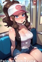 ai_generated big_ass big_breasts big_butt big_thighs blue_eyes blush brown_hair cap ezuna hilda_(pokemon) huge_ass huge_breasts huge_butt huge_thighs looking_at_viewer pink_cap pokemon train trainer wanuze white_shirt wide_hips