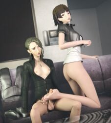 1futa 1girls 3d 3d_(artwork) alternate_version_available atlus bottomless breasts breasts_out brown_hair closed_eyes couch cropped_jacket dawadd dickgirl dickgirl/female female_on_futa femdom foot_fetish footjob futa_with_female futanari incest jacket living_room long_hair looking_back makoto_niijima makoto_niijima_(strikers_casual) nipples no_panties no_pants on_couch on_knees penis persona persona_5 red_eyes sae_niijima sega short_hair sisters sitting_on_couch small_boobs small_breasts small_tits smile