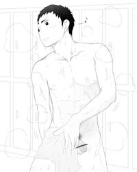 1boy abs bar_censor body_hair drying_off haikyuu!! human human_only locker_room looking_away male_only monochrome muscle nude penis sawamura_daichi solo steam towel water wet