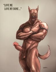 1boy abs anthro balls biceps big_penis brown_fur canine crossed_arms dialogue dirty_talk erection fur glans humanoid_penis kamui_jack male male_only mammal muscular muscular_male penis simple_background solo source_request uncensored uncut