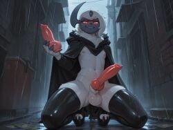 absol ai_generated animal_dildo animal_genitalia animal_penis animal_sex_toy anthro balls canine_dildo canine_genitalia canine_penis cloak clothing dildo femboy footwear generation_3_pokemon genitals half-closed_eyes high_heels holding_dildo holding_object holding_sex_toy kneeling legwear male narrowed_eyes nintendo penis platform_footwear platform_heels pokemon pokemon_(species) sex_toy smile solo thigh_highs yamadorux