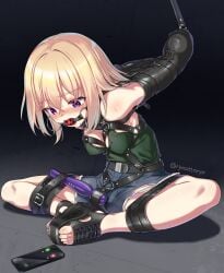 1girl armbinder arms_behind_back ball_gag bang_dream! bang_dream!_it's_mygo!!!!! bdsm black_sandals blonde_hair bound bound_arms bound_legs breasts cellphone commentary_request denim denim_shorts earrings gag gagged harness highres hoop_earrings jewelry misumi_uika phone purple_eyes ryou@ryou sandals sex_toy short_hair shorts smartphone soles_together solo sports_sandals variant_set vibrator wiffle_gag