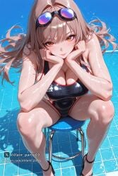1girl ai_generated bangs black_footwear black_one-piece_swimsuit blush breasts brown_hair cleavage closed_mouth competition_swimsuit goddess_of_victory:_nikke goggles goggles_on_head high_heels highleg large_breasts long_hair looking_at_viewer nikke one-piece_swimsuit orange_eyes rapi_(nikke) sitting smile solo swimsuit villain_party69 wet