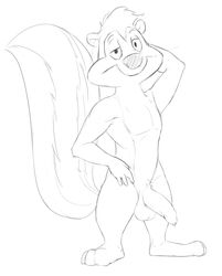 1boy anthro balls foreskin front_view full-length_portrait greyscale half-erect humanoid_penis line_art long_foreskin looney_tunes male male_only mammal monochrome nude penis pepe_le_pew pinup portrait pose raised_arm seyrmo sketch skunk smooth_fur solo uncircumcised uncut unretracted_foreskin warner_brothers