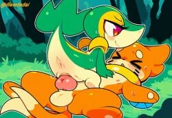 1boy 1girls ai_assisted ai_generated buizel dlewdedai femdom pokemon snivy