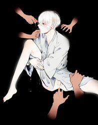 barefoot bottomless cum feet group_sex kaneki_ken ken_kaneki leg_lift male_only penis saliva silver_hair tagme tokyo_ghoul tongue undressing yaoi