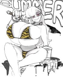 1girls 2026 alternate_breast_size ambiguous_fluids animal_print animal_print_bikini areola_slip areolae areolar_amelanism asymmetrical_hair ayatakazumu bikini blunt_bangs breasts busty cleavage clothed clothed_female clothing curvaceous curvy demon demon_girl demon_horns demon_humanoid demon_tail eye_bags facial_scar feet_out_of_frame female front_view fully_clothed gauntlets gigantic_breasts grin hair half-closed_eyes handwear helltaker holding_sword holding_weapon horned_humanoid horns humanoid ineffective_clothing large_areolae legs_apart long_hair looking_at_viewer narrowed_eyes red_eyes scar signature simple_background sitting skindentation smile smiling smiling_at_viewer solo spade_tail swimsuit sword sword_over_shoulder tail teeth thighs tiger_print tiger_print_bikini top_heavy tower_(helltaker) weapon white_background