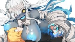 blue_hair blue_nipples blue_tongue breasts drooling female female_only grey-skinned_female grey_skin grisa_(snail_shell) handjob periri_(pelikanboy74) pointy_ears snail_shell_studio undead wrappings zombie zombie_girl