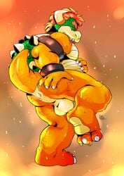 2016 ass backsack balls barazoku barefoot bowser koopa looking_at_viewer looking_down low-angle_view male male_only mario_(series) musclegut nintendo nokemy nude on_one_leg perineum pinup pose presenting presenting_hindquarters raised_tail scalie shell signature solo standing video_games