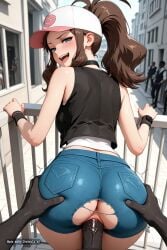 1girl ai_assisted ai_generated angry balcony beam beautiful_eyes behind_view black_blouse black_vest blue_eyes brown_hair collar curvy denim_shorts doggystyle embarrassed gangbang hat high_ponytail hilda_(pokemon) jeans long_hair looking_at_viewer narrow_waist outside parted_bangs ponytail pov pussy_sex saliva screaming shaking short_shorts sidelocks sleeveless smile solo standing white_shirt wide_hips wristband