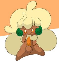 1boy animal_genitalia anus blush brown_skin cotton erection feral hair looking_at_viewer male nintendo nude orange_background orange_eyes penis pokemon robbonp simple_background small_penis smile solo sweat testicles video_games whimsicott white_background white_pupils