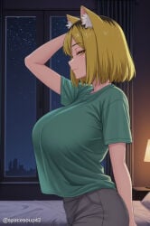 1girl ai_generated animal_ear_fluff animal_ears bed blonde_hair breasts chainsmoker_cat fox_ears from_side green_shirt huge_breasts indoors lamp looking_at_viewer multicolored_hair night night_sky pants pillow see-through_silhouette shirt shirt_overhang short_hair short_sleeves sky smile solo star_(sky) t-shirt window yaku_neko_(yani_neko) yani_neko yellow_eyes