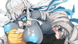 blue_hair blue_nipples blue_tongue breasts drooling female female_only grey-skinned_female grey_skin grisa_(snail_shell) handjob periri_(pelikanboy74) pointy_ears snail_shell_studio undead wrappings zombie zombie_girl