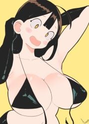 1girl 1girls ahoge akisas99 almost_naked almost_nude arm_behind_head armpit armpit_crease armpit_peek armpits arms_behind_head background big_boobs big_breasts bikini bikini_only bikini_top black_bikini black_bikini_top black_swimsuit black_swimwear breasts brown-eyed_female brown-haired_female brown_eyes brown_hair busty busty_female busty_girl exposed hairless_armpits halterneck hand_behind_head hands_behind_head head_tilt huge_boobs huge_breasts large_boobs large_breasts monotone_background mostly_nude naked naked_female naked_woman nearly_nude nude nude_female nudity oc one_color_background open_mouth original original_art original_artwork original_character original_female_character parted_lips plain_background plump_breasts posing posing_for_the_viewer posing_naked posing_nude practically_nude presenting_armpit shaved_armpits solid_color_background string_bikini swimsuit swimwear tilted_head tongue yellow_background
