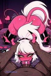 1girl ai_assisted ai_generated bedroom bitchy blowjob butt_crack curvy deepthroat demon_form demon_girl fat_man flapping_wings hairy_man head_grab head_tilt helluva_boss horns large_penis long_hair looking_at_viewer naked naughty naughty_face no_nose nude pink_skin ponytail pov puffy_lips seductive_pose sexy smirk steam sweat tail tight_dress verosika_mayday verosika_mayday_(helluva_boss) white_hair wings